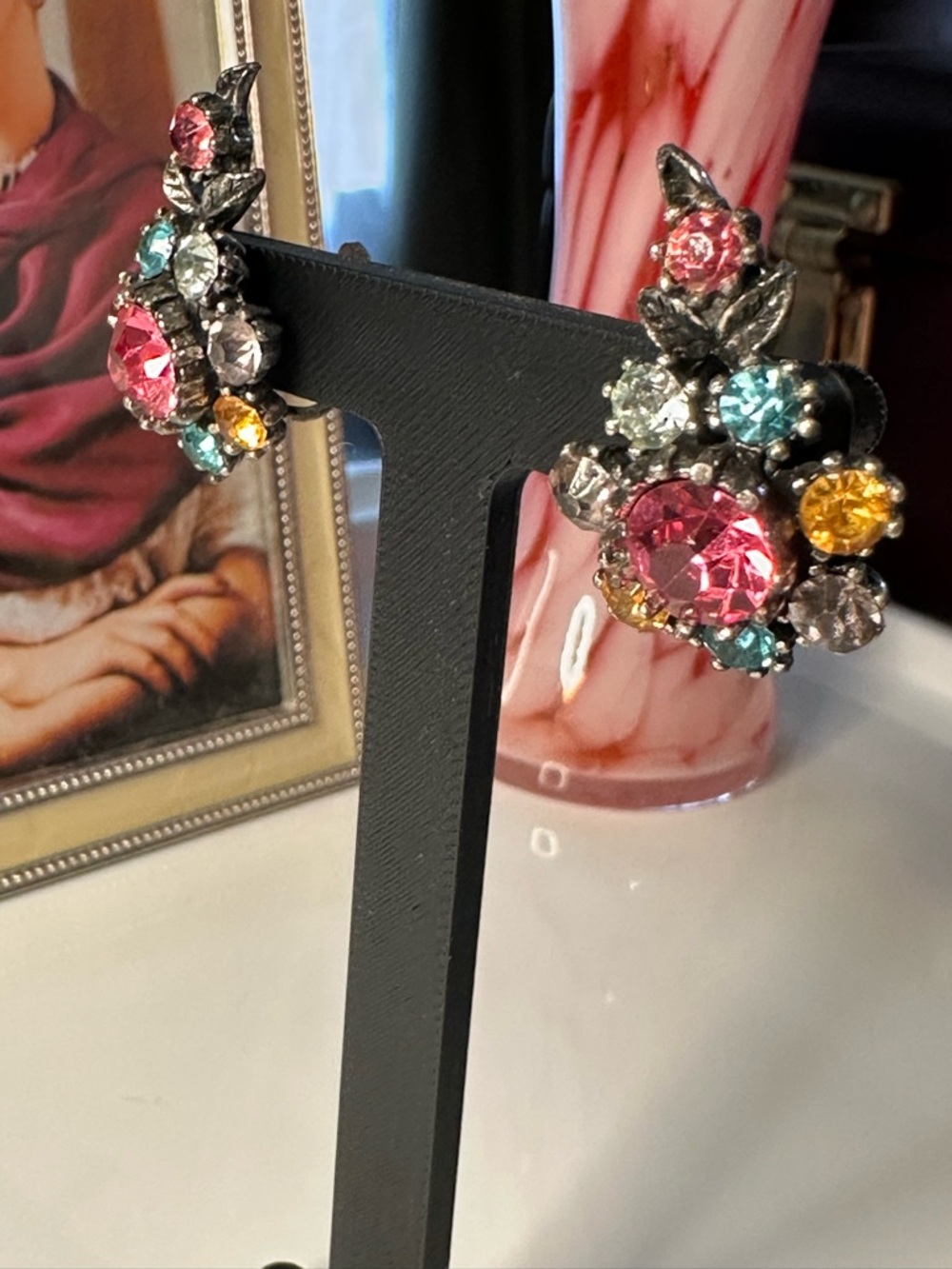 Vintage Coro Rhinestone Earrings Screw Back Multi Color Floral Cluster 1950s - Picture 5 of 16